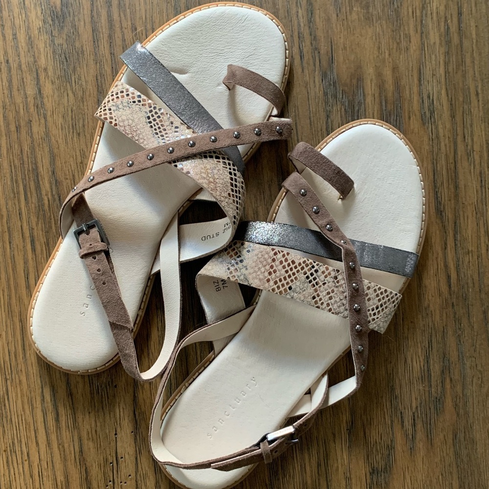 NWOT Fashion sandals with faux snakeskin and studded straps